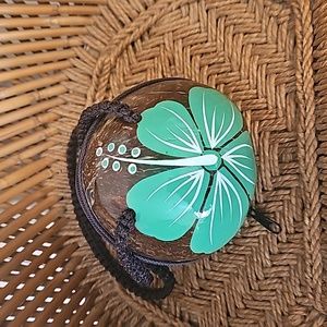 Handcrafted painted coconut handbag purse zipper closure hibiscus flower paint